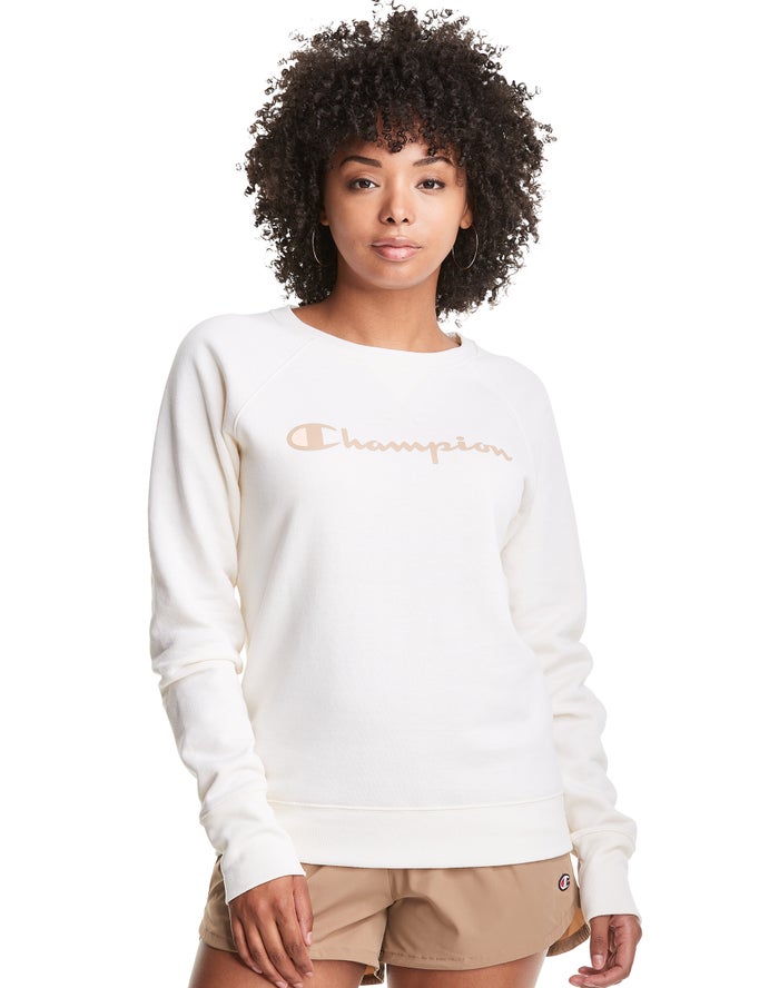 Champion Powerblend Fleece Classic Crew Script Logo Sweatshirt Dames - Wit - Belgie 7013UDZHE